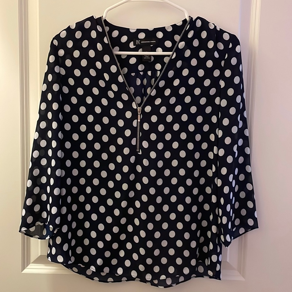 INC Blouse - Navy blue with white dots